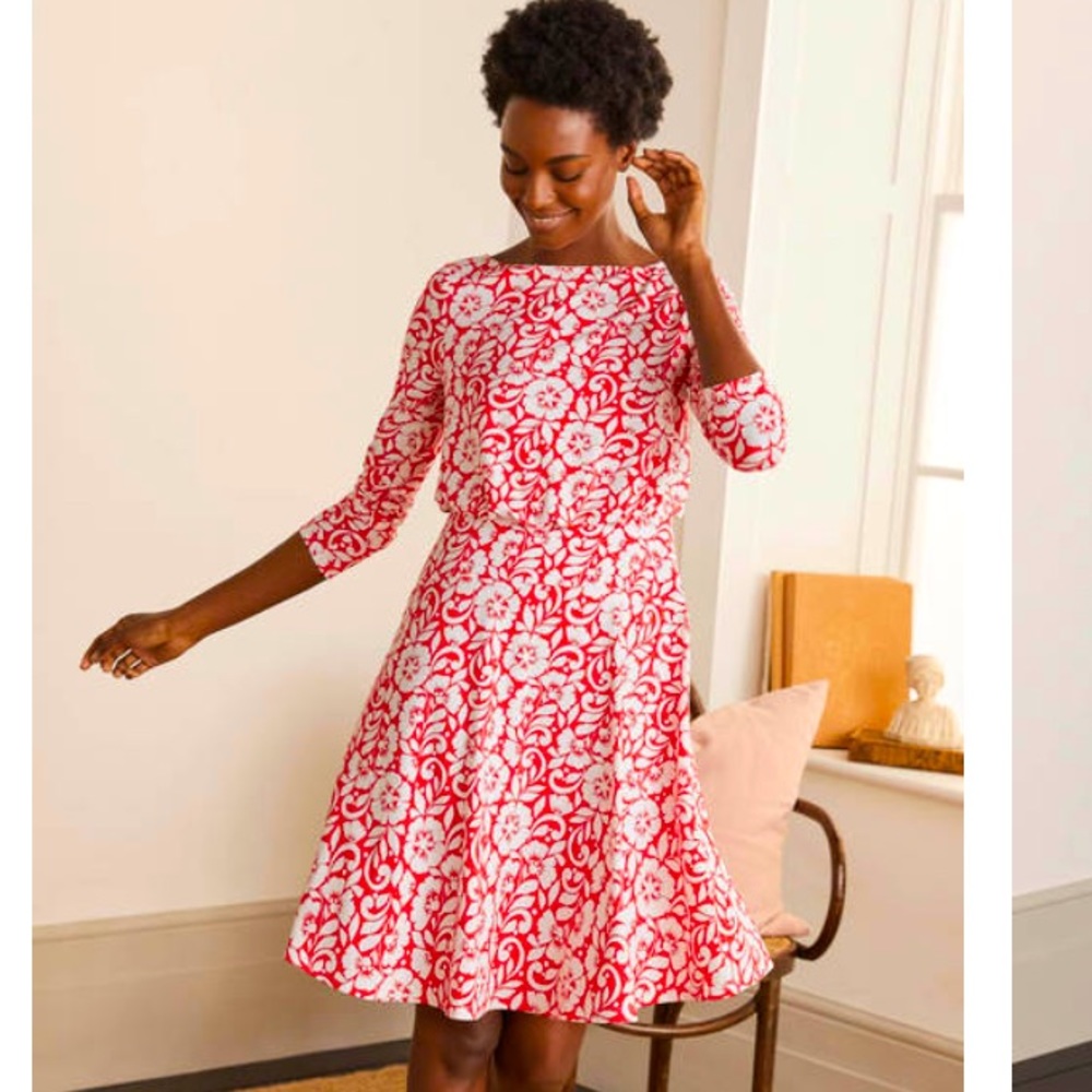 BNWT Boden Nellie Jersey dress in cherry red, hibiscus floral in size 16/18 L.